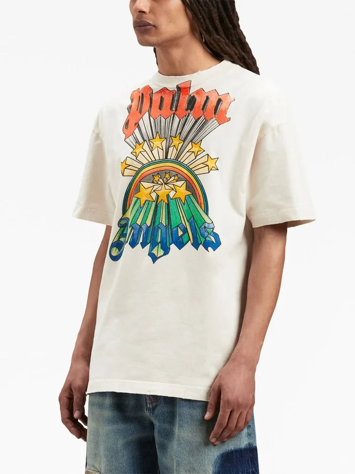PALM ANGELS MEN Rainbow Graphic Print T-Shirt Off Cream/Multi - MAISONDEFASHION.COM