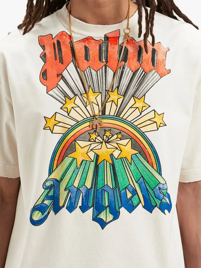 PALM ANGELS MEN Rainbow Graphic Print T-Shirt Off Cream/Multi - MAISONDEFASHION.COM