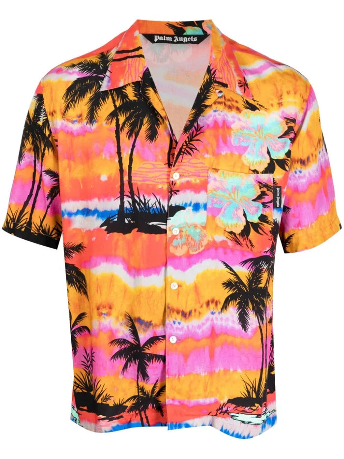 PALM ANGELS MEN Psychedelic Palm Bowling Shirt Fuchsia/Multi - MAISONDEFASHION.COM