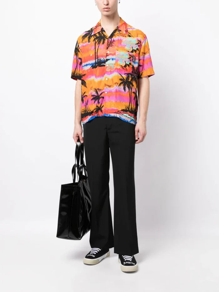 PALM ANGELS MEN Psychedelic Palm Bowling Shirt Fuchsia/Multi - MAISONDEFASHION.COM