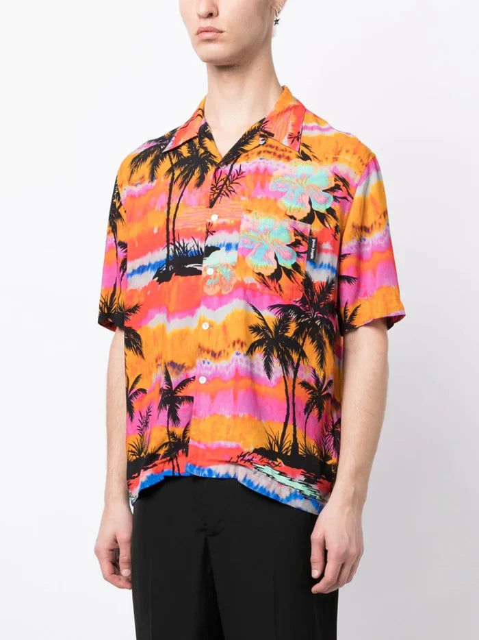 PALM ANGELS MEN Psychedelic Palm Bowling Shirt Fuchsia/Multi - MAISONDEFASHION.COM