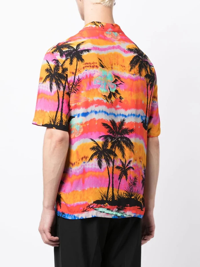 PALM ANGELS MEN Psychedelic Palm Bowling Shirt Fuchsia/Multi - MAISONDEFASHION.COM