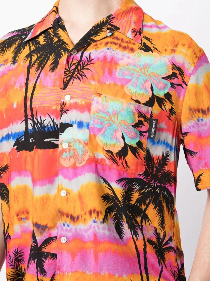 PALM ANGELS MEN Psychedelic Palm Bowling Shirt Fuchsia/Multi - MAISONDEFASHION.COM