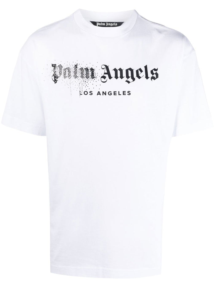 PALM ANGELS Rhinestone Sprayed Logo-print T-shirt White/Black - MAISONDEFASHION.COM
