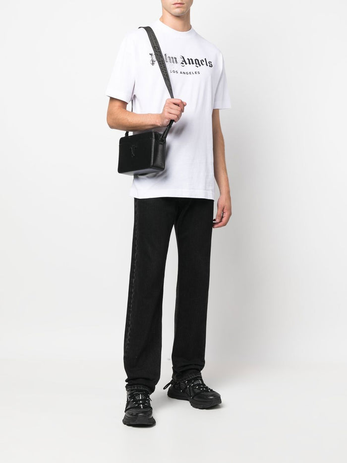 PALM ANGELS Rhinestone Sprayed Logo-print T-shirt White/Black - MAISONDEFASHION.COM