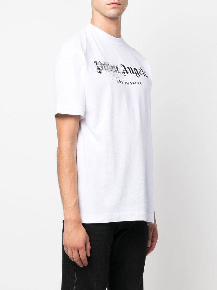 PALM ANGELS Rhinestone Sprayed Logo-print T-shirt White/Black - MAISONDEFASHION.COM