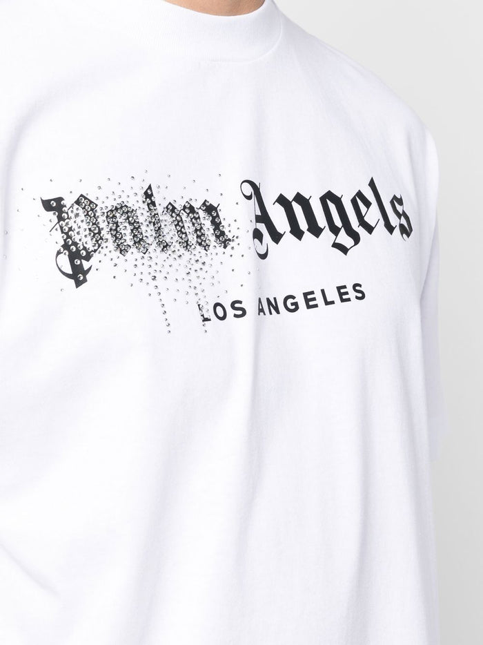 PALM ANGELS Rhinestone Sprayed Logo-print T-shirt White/Black - MAISONDEFASHION.COM
