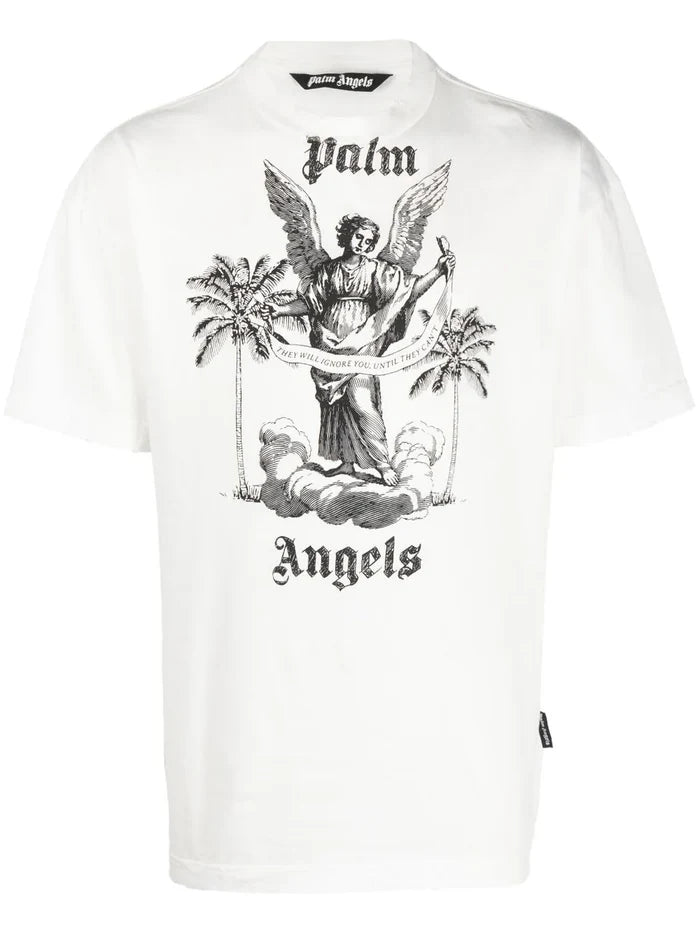 PALM ANGELS MEN University Slogan Print T-Shirt White/Black - MAISONDEFASHION.COM