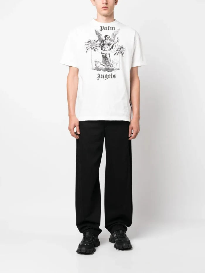 PALM ANGELS MEN University Slogan Print T-Shirt White/Black - MAISONDEFASHION.COM