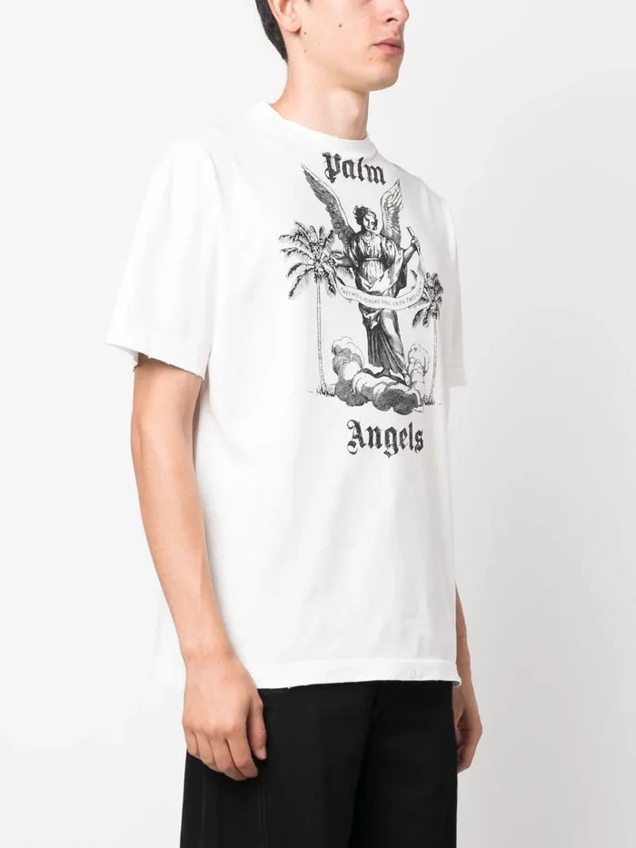 PALM ANGELS MEN University Slogan Print T-Shirt White/Black - MAISONDEFASHION.COM