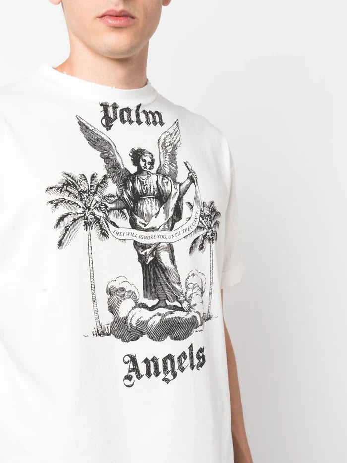 PALM ANGELS MEN University Slogan Print T-Shirt White/Black - MAISONDEFASHION.COM