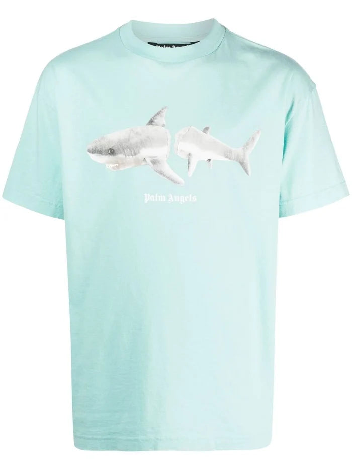 PALM ANGELS White Shark Classic Tee Light Blue/White - MAISONDEFASHION.COM