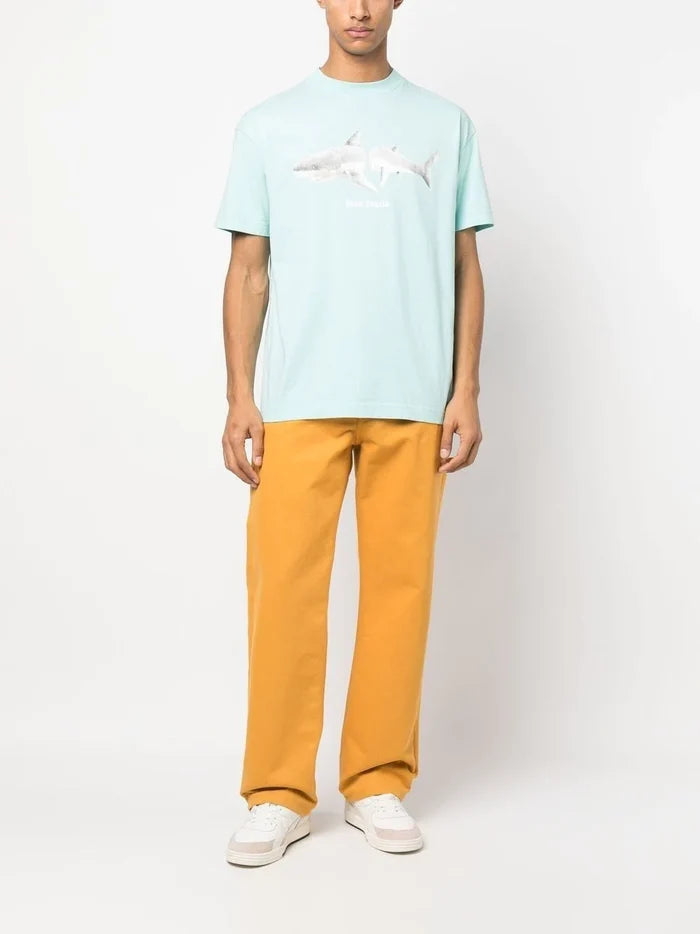 PALM ANGELS White Shark Classic Tee Light Blue/White - MAISONDEFASHION.COM