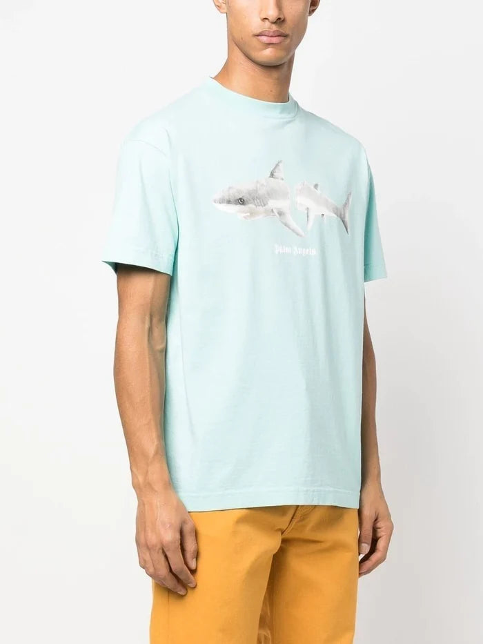 PALM ANGELS White Shark Classic Tee Light Blue/White - MAISONDEFASHION.COM