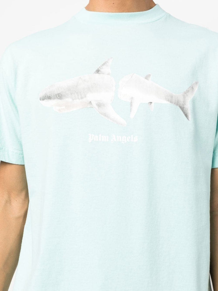 PALM ANGELS White Shark Classic Tee Light Blue/White - MAISONDEFASHION.COM