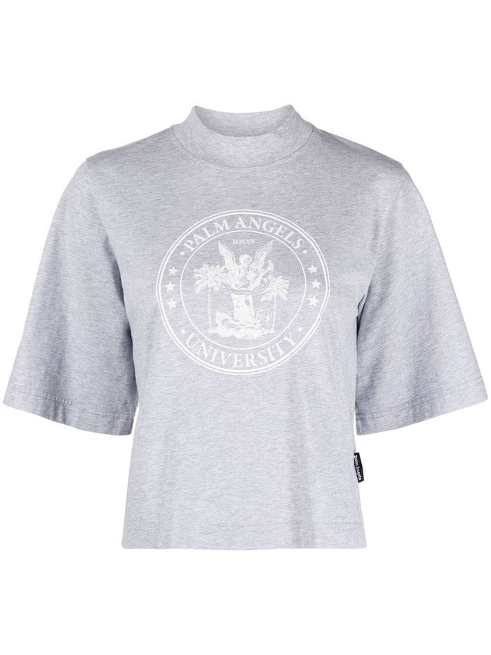 PALM ANGELS WOMEN College Cropped Tee Melange - MAISONDEFASHION.COM