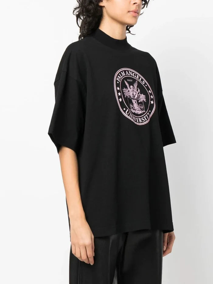 PALM ANGELS WOMEN College Loose Tee Black/Coral - MAISONDEFASHION.COM