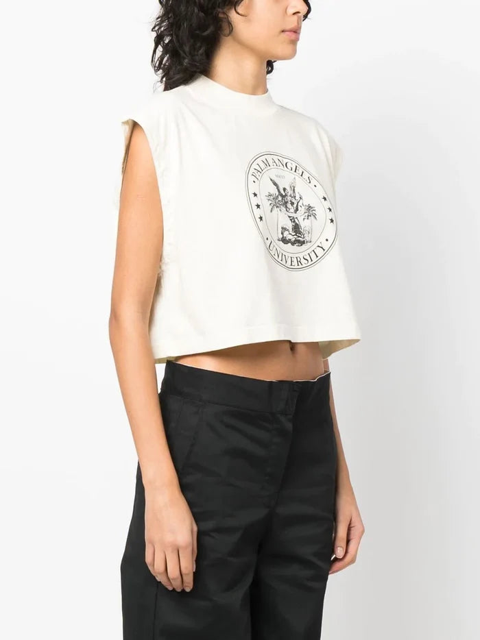 PALM ANGELS WOMEN College Muscle Tee Butter/Black - MAISONDEFASHION.COM