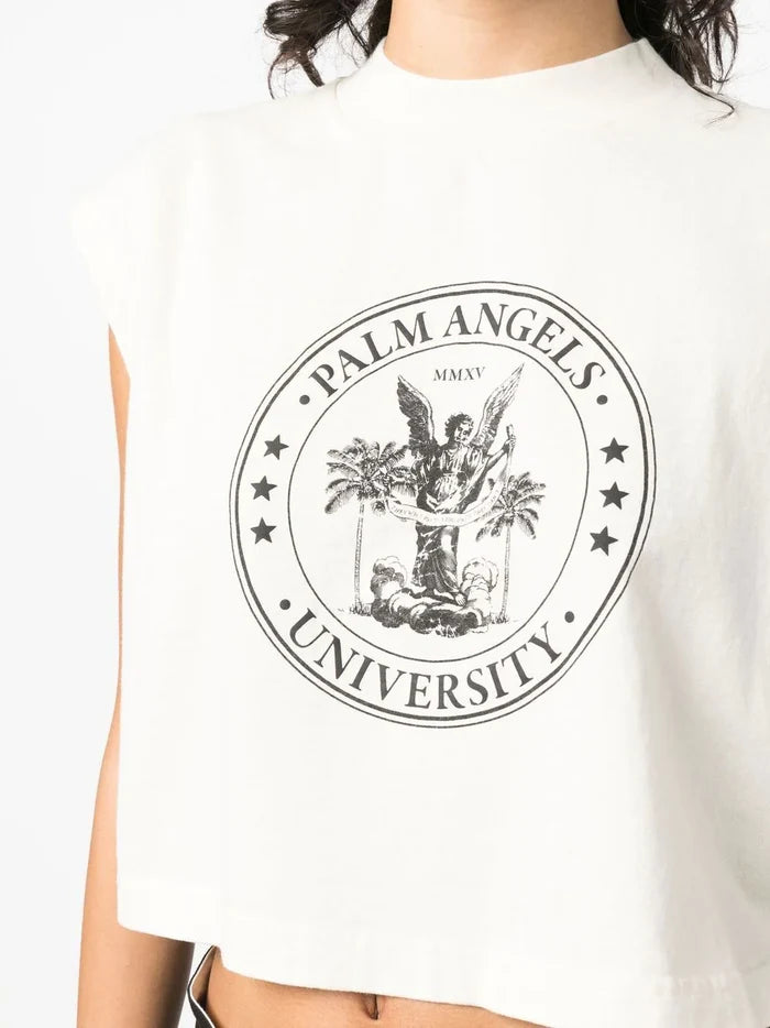 PALM ANGELS WOMEN College Muscle Tee Butter/Black - MAISONDEFASHION.COM