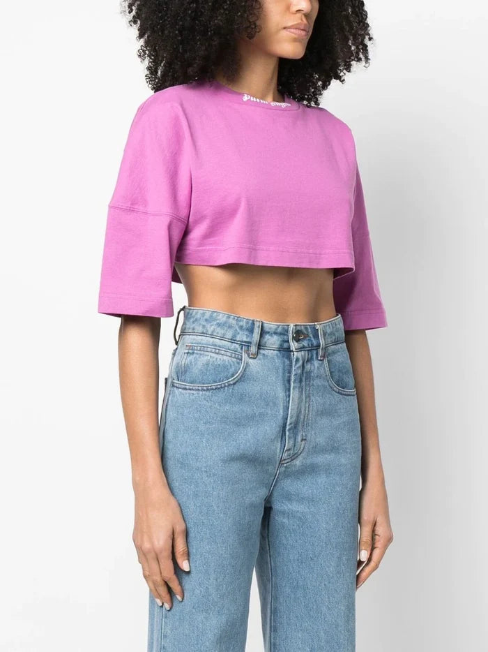 PALM ANGELS WOMEN Cropped Classic Overlogo Tee Purple/White - MAISONDEFASHION.COM