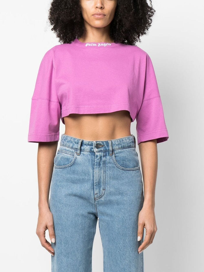 PALM ANGELS WOMEN Cropped Classic Overlogo Tee Purple/White - MAISONDEFASHION.COM