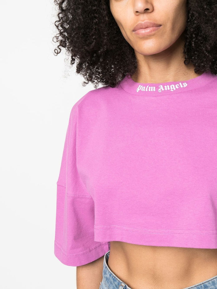 PALM ANGELS WOMEN Cropped Classic Overlogo Tee Purple/White - MAISONDEFASHION.COM