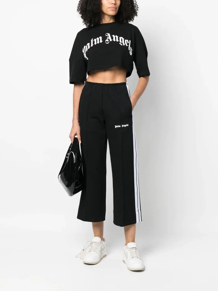 PALM ANGELS WOMEN Curved Logo Back Zip Cropped Black/White - MAISONDEFASHION.COM