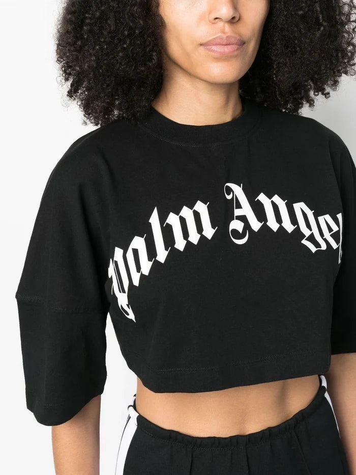 PALM ANGELS WOMEN Curved Logo Back Zip Cropped Black/White - MAISONDEFASHION.COM