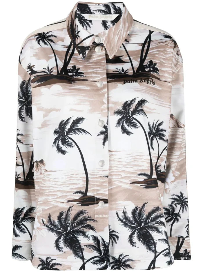 PALM ANGELS WOMEN Hawaiian Track Shirt Beige/Black - MAISONDEFASHION.COM