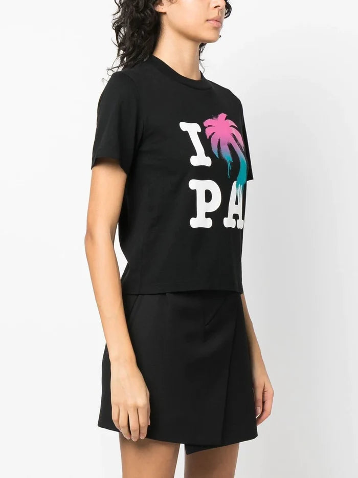 PALM ANGELS WOMEN I Love Pa Slim Tee Black/Multi - MAISONDEFASHION.COM