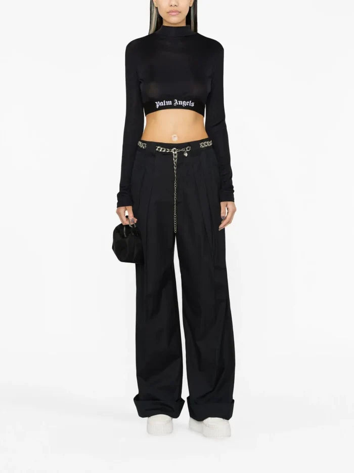 PALM ANGELS WOMEN Logo Tape Skin Tee Navy Blue/Black - MAISONDEFASHION.COM