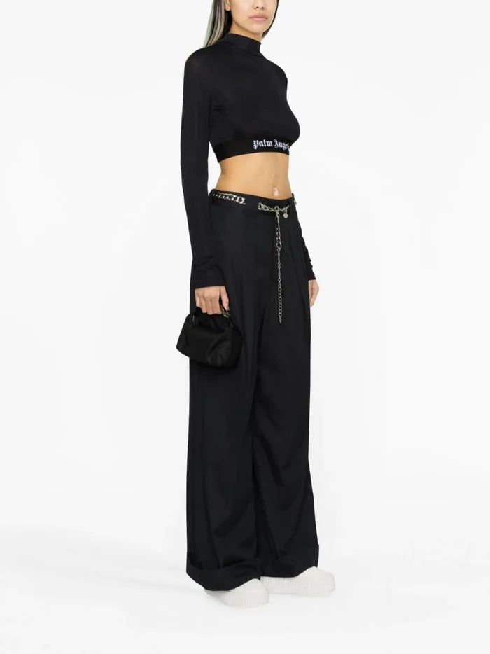 PALM ANGELS WOMEN Logo Tape Skin Tee Navy Blue/Black - MAISONDEFASHION.COM