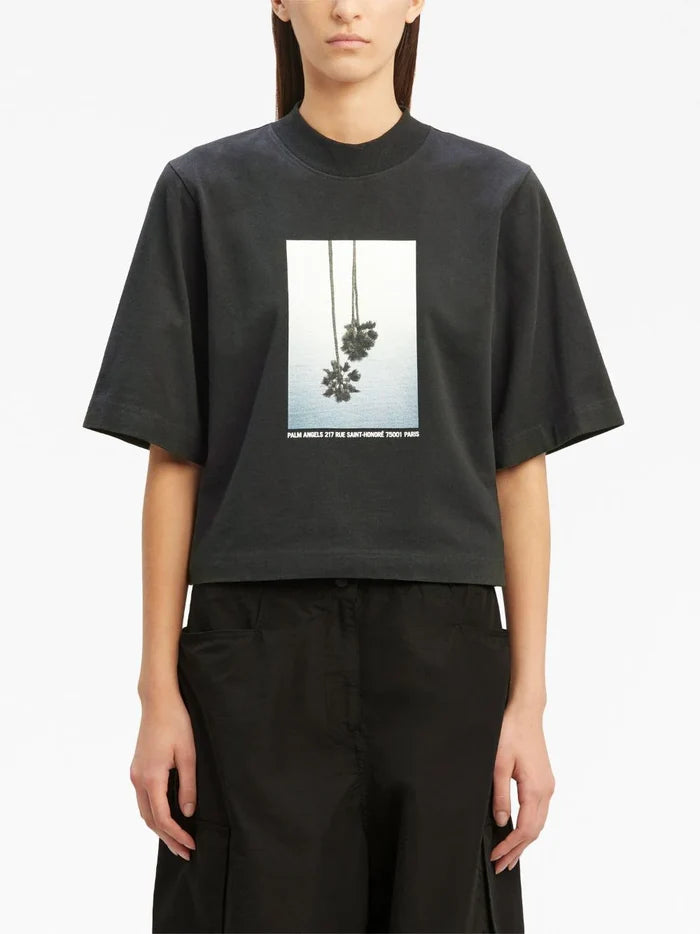 PALM ANGELS WOMEN Mirage Boxy T-Shirt Black/Light Grey - MAISONDEFASHION.COM