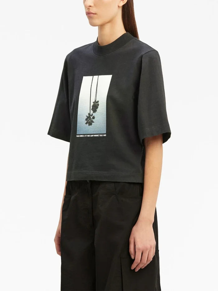 PALM ANGELS WOMEN Mirage Boxy T-Shirt Black/Light Grey - MAISONDEFASHION.COM