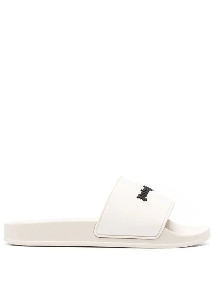 PALM ANGELS WOMEN New Logo Pool Sliders Beige/Black - MAISONDEFASHION.COM