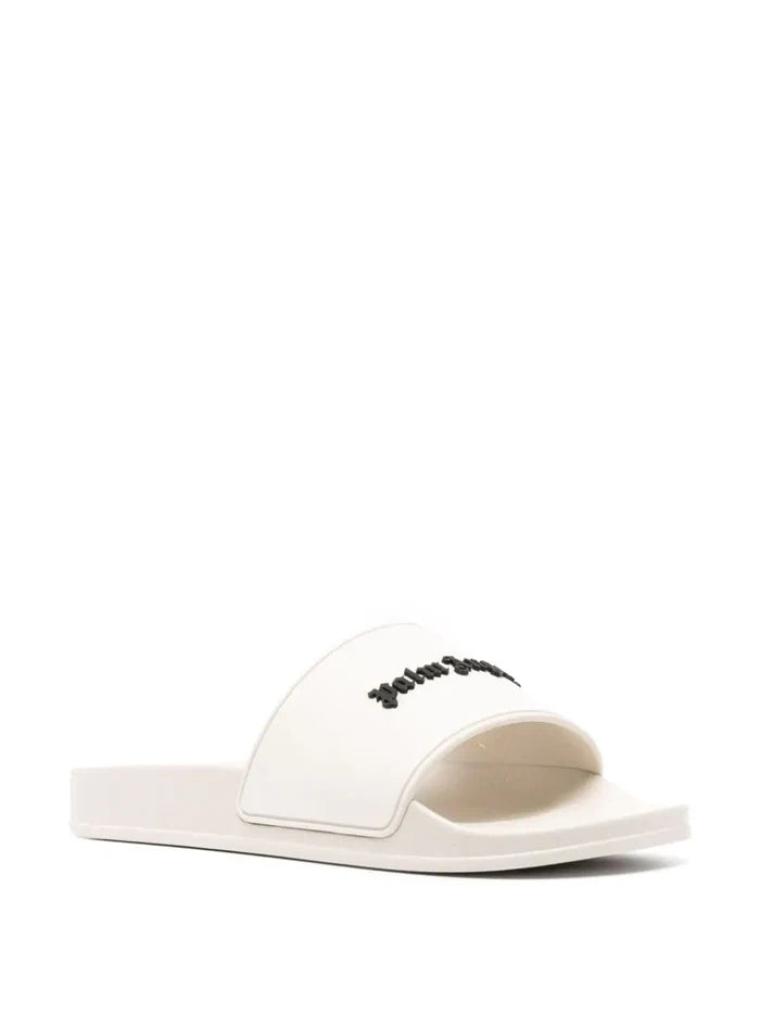 PALM ANGELS WOMEN New Logo Pool Sliders Beige/Black - MAISONDEFASHION.COM