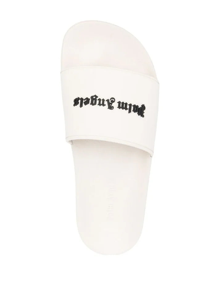 PALM ANGELS WOMEN New Logo Pool Sliders Beige/Black - MAISONDEFASHION.COM