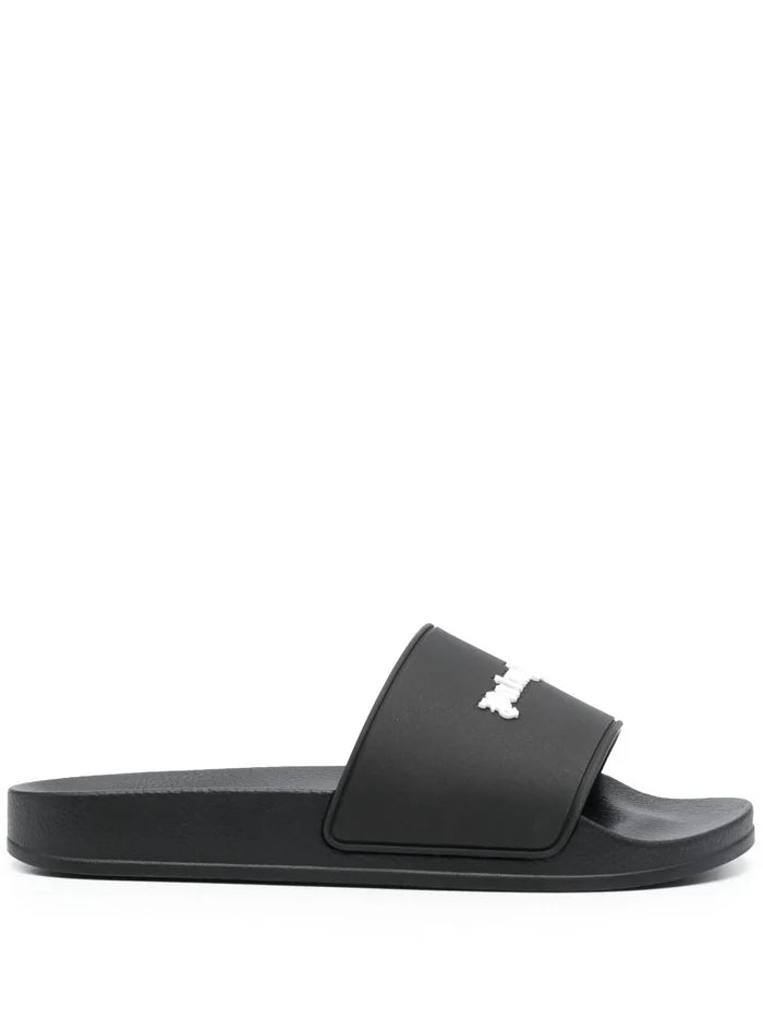 PALM ANGELS WOMEN New Logo Pool Sliders Black/White - MAISONDEFASHION.COM