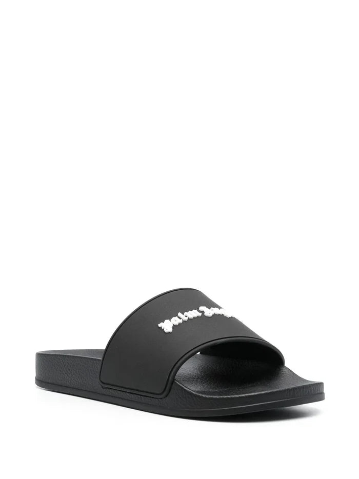 PALM ANGELS WOMEN New Logo Pool Sliders Black/White - MAISONDEFASHION.COM