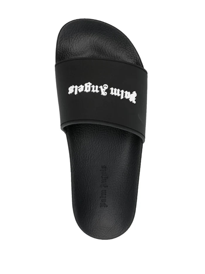 PALM ANGELS WOMEN New Logo Pool Sliders Black/White - MAISONDEFASHION.COM