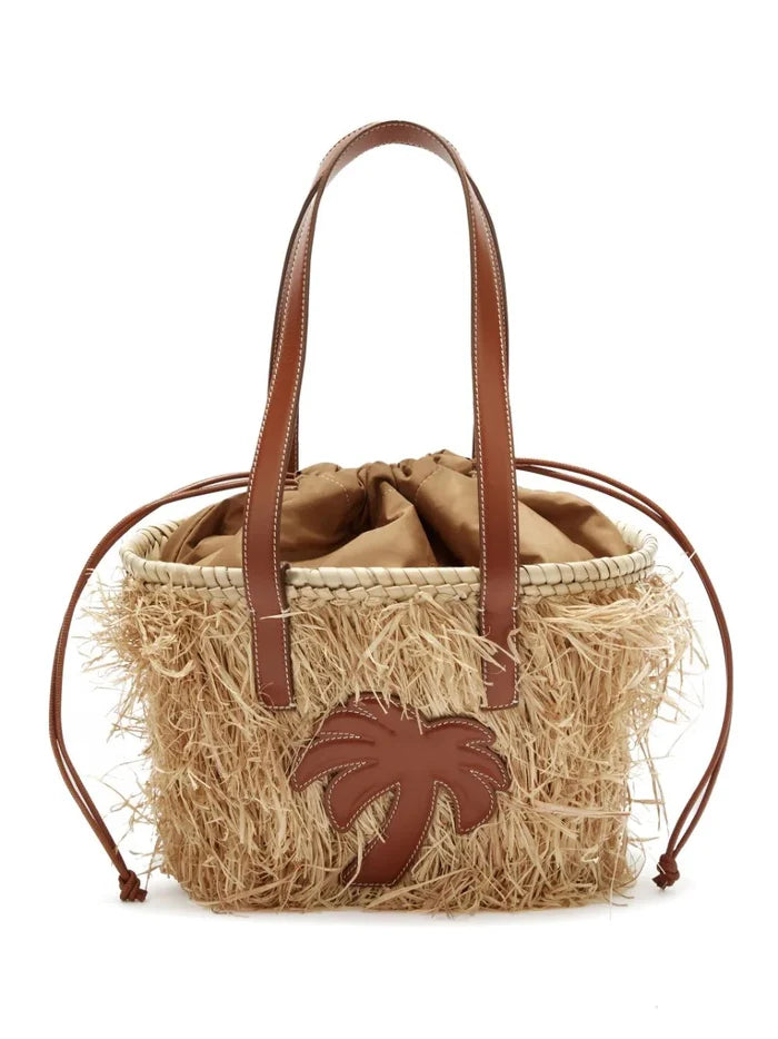 PALM ANGELS WOMEN Palm Rafia Basket Bag Beige/Brown - MAISONDEFASHION.COM