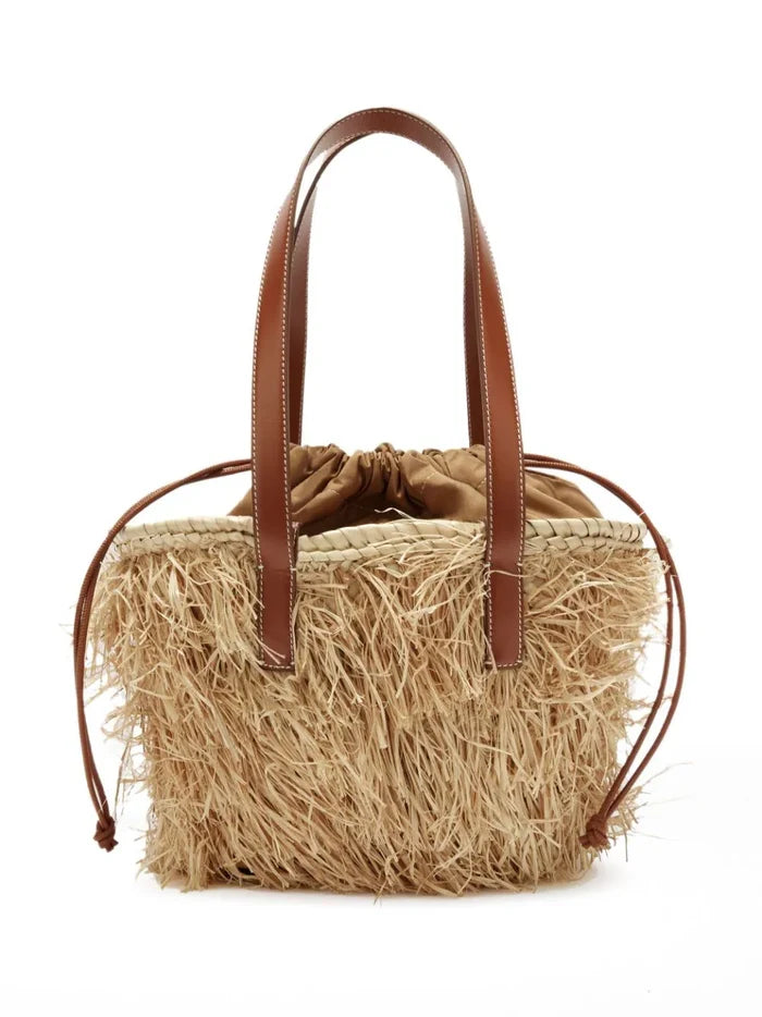 PALM ANGELS WOMEN Palm Rafia Basket Bag Beige/Brown - MAISONDEFASHION.COM