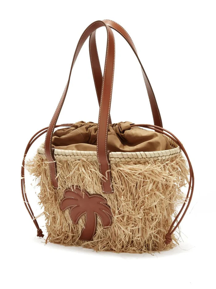 PALM ANGELS WOMEN Palm Rafia Basket Bag Beige/Brown - MAISONDEFASHION.COM