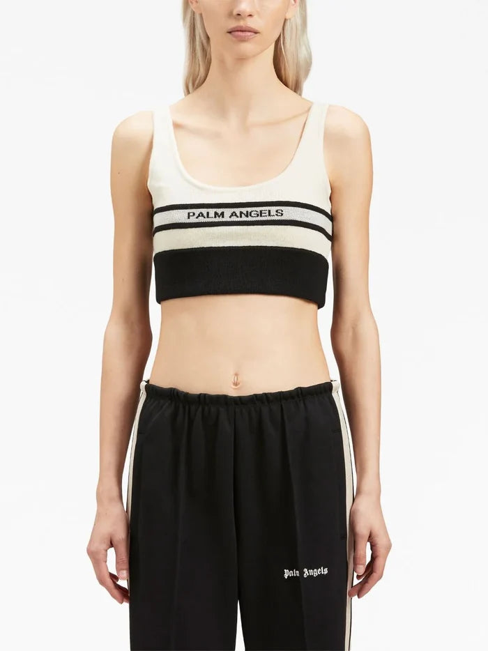 PALM ANGELS WOMEN Racing Knit Bra Top Black/Butter - MAISONDEFASHION.COM