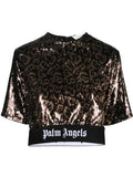 PALM ANGELS WOMEN Sequins Logo Tape Tee Brown/Black - MAISONDEFASHION.COM