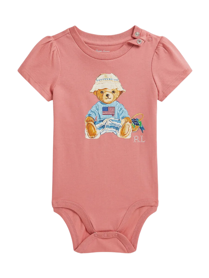 RALPH LAUREN BABY Girls Polo Bear Print Bodysuit Pink