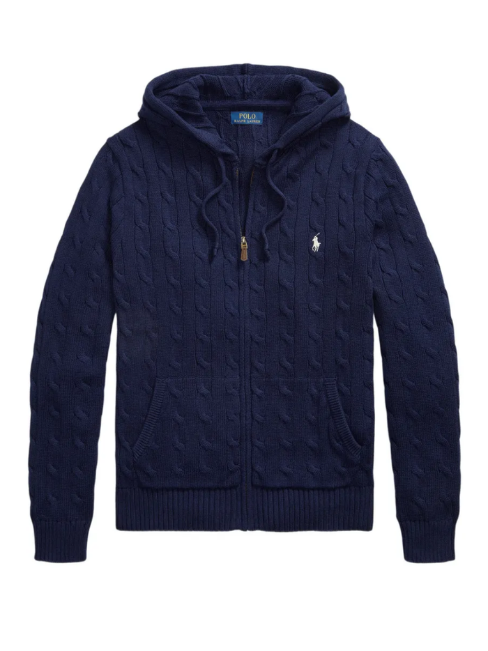 RALPH LAUREN Cable-Knit Cotton Hooded Sweater Bright Navy