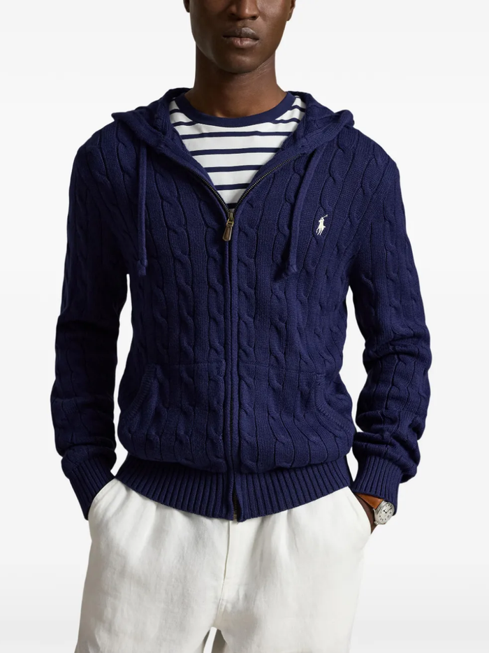 RALPH LAUREN Cable-Knit Cotton Hooded Sweater Bright Navy