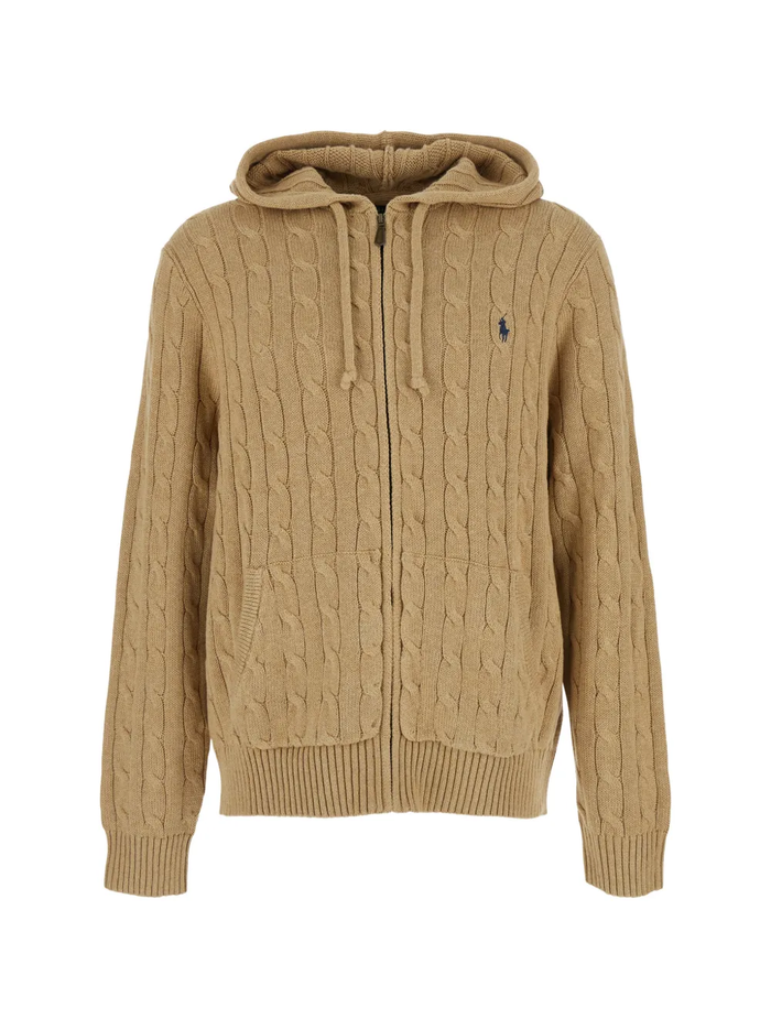 RALPH LAUREN Cable-Knit Cotton Hooded Sweater Camel Melange