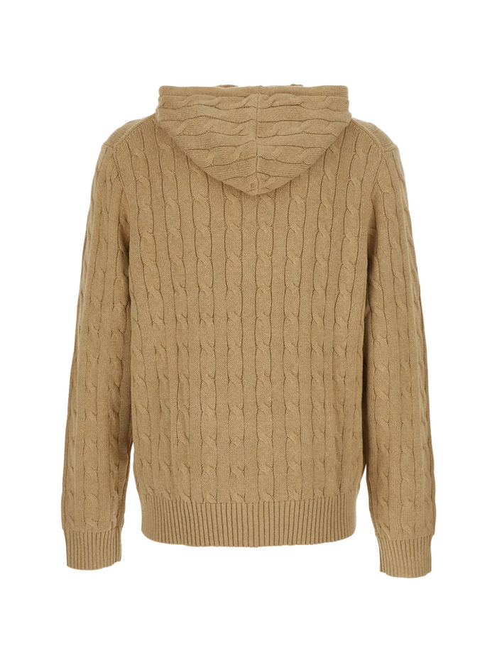 RALPH LAUREN Cable-Knit Cotton Hooded Sweater Camel Melange